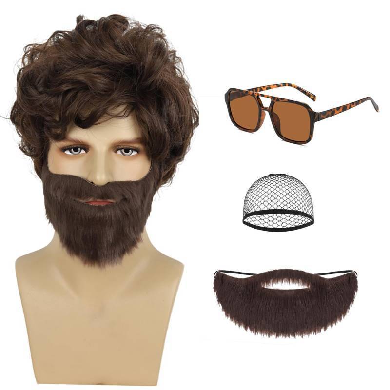 lot 33581 image: ATAYOU Adult Short Brown Shag Wig and Beard with Glasses Accessories for Mens Adult Halloween Cosplay