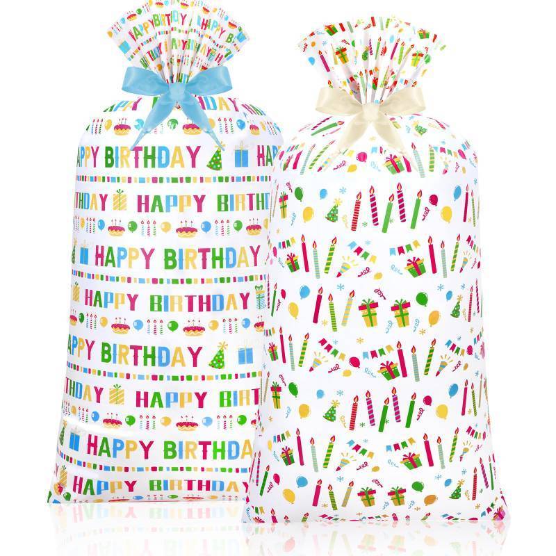 lot 33602 image: Teling 2 Pcs Large Birthday Plastic Gift Bags 70 x 40 Oversized Plastic Storage Bags with 2 Rolls Ribbons for Birthday Party, New Parents Shower, Bicycle Bike, Holiday - Retail $15