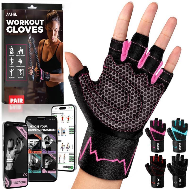 lot 42516 image: MhIL Workout Gloves for Women Breathable Gym Gloves for Women with Palm Protection and Enhanced Grip Padded Weight Lifting Glove for Womens with Wrist Wraps Support Weightlifting Exercise Cycling - Retail $20