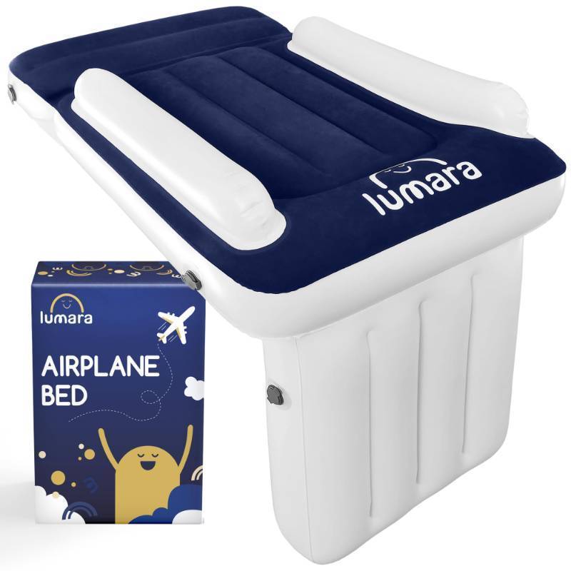 lot 22048 image: LUMARA Toddler Airplane Bed - Inflatable Airplane Bed for Toddlers, Plane Baby Mattress for Kids - Blow Up Air Mattress for Child Flight Sleep with Safety Belt, Innovative Valves, No Pump Needed - Retail $65