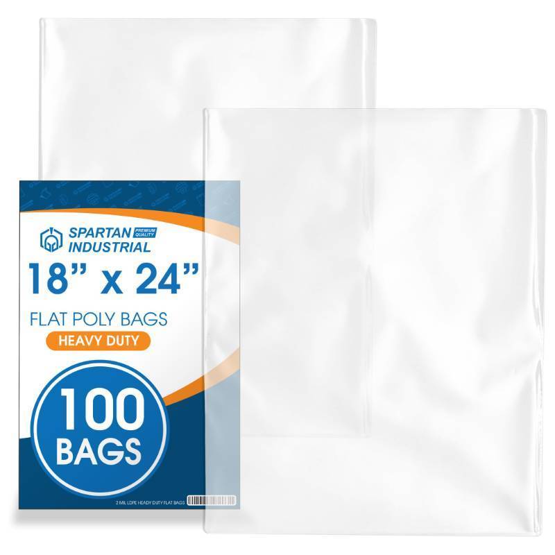lot 30166 image: 18 X 24 Open-End Flat Poly Bags (100 Count) - 2 Mil Plastic Clear Bags for Packaging, Shipping, Storage - No Adhesive Strip - Spartan Industrial - Retail $30
