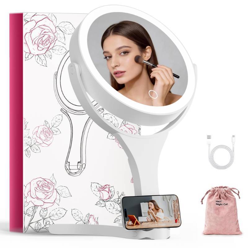 lot 32932 image: Hasipu Portable Travel Makeup Mirror with Lights 360° Rotating with 1X10X Magnifying, Rechargeable Tabletop Handhold Hanging 3 in 1 Mirror (White) - Retail $15