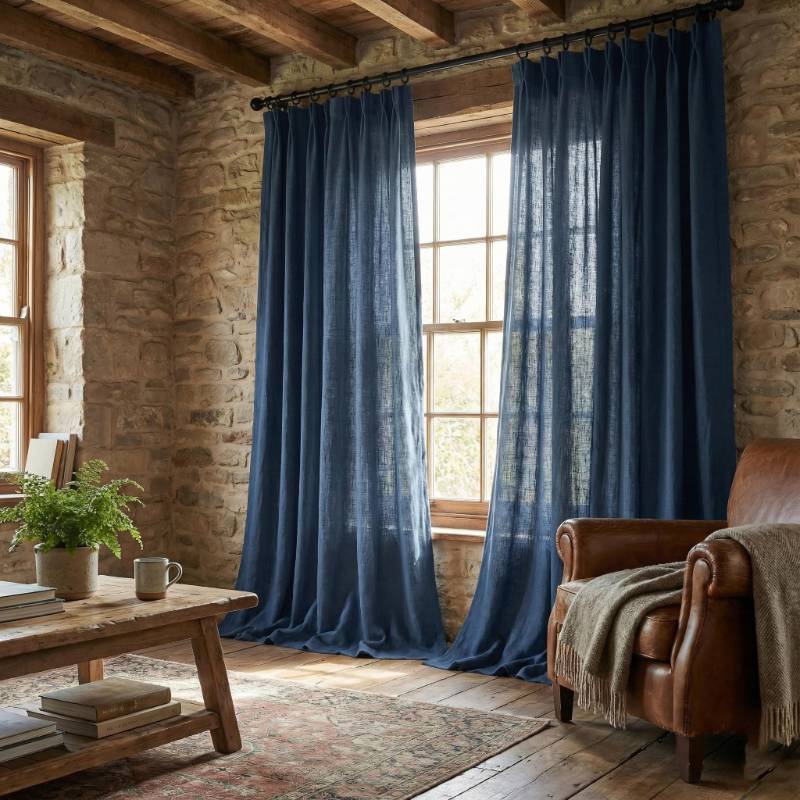 lot 32998 image: PONY DANCE Pinch Pleated Linen Curtains 108 inch Length 2 Panels Set for Bedroom,Farmhouse Light Filtering Drapes for Living Room,Back Tab Thick Linen Textured with Hooks,40Wx108L,Navy Blue - Retail $45