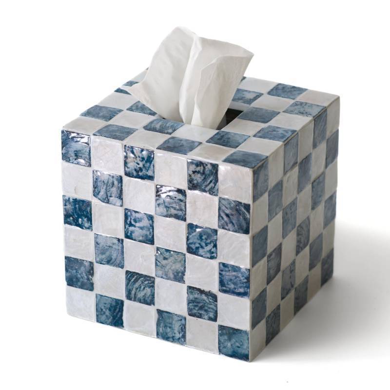 lot 33009 image: CHI AN HOME 5.7 Square Tissue Box Cover, Handmade Checkered Cube Tissue Box Cover with Capiz Shells, Decorative Mother of Pearl Tissue Holder for Living Room, Bathroom, Bedroom or Office (Navy Blue) - Retail $30