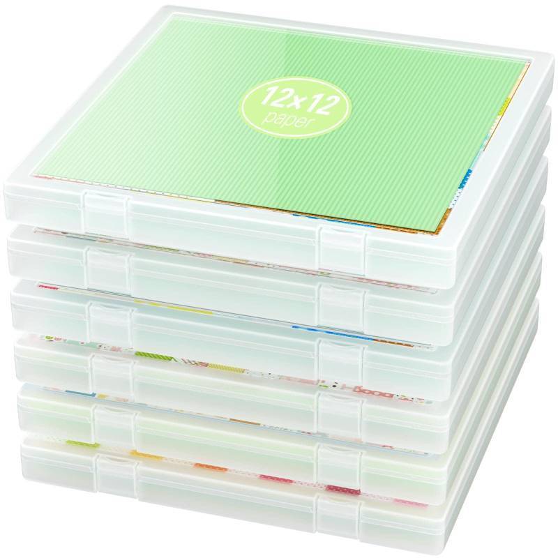 lot 61832 image: iBune 4-Pack Craft Organizers and Storage, Art Supply Organizer with Secure Lid, Clear Stackable Plastic Storage for Puzzle, Board Game, Photo, 12 x12 Paper, Inner Size 12.2 x 12.2 x 0.85 1 has crack in corner. - Retail $45