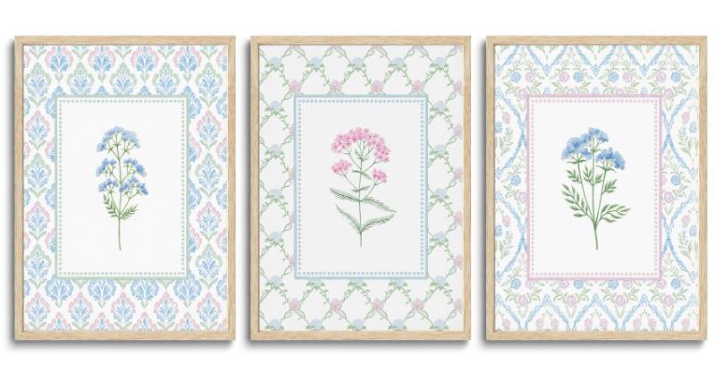 lot 22428 image: CHMMART 3 Piece Pastel Wildflower Framed Wall Art Nursery Floral Canvas Art Prints Pink Blue Botanical Pictures Wall Decor Boho Flower Painting Artwork for Bedroom Bathroom 12x16in - Retail $40