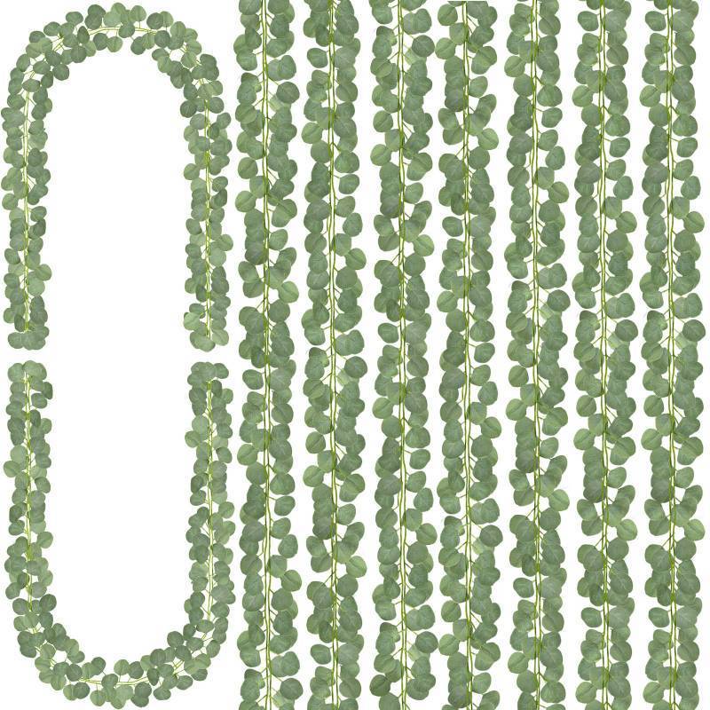 lot 22430 image: CQURE 8Pcs Eucalyptus Garland,Artificial Eucalyptus Leaves Table Greenery Garland Wreath Spring Vines for Wedding Party Table Bedroom Wall Room Decor - Retail $12
