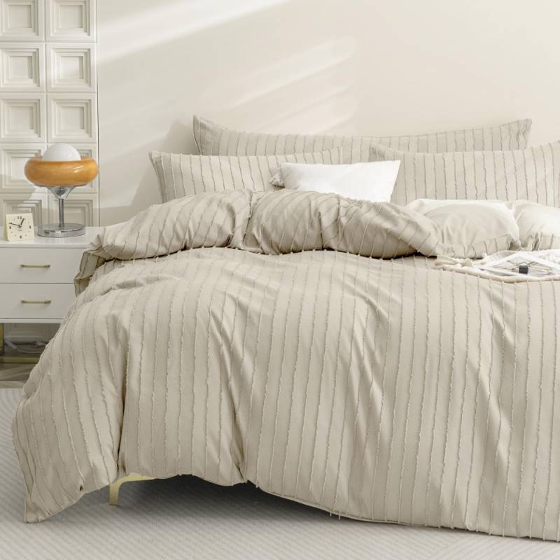 lot 22440 image: JELLYMONI Duvet Cover Super King Size Light Khaki - 3PCS Boho Striped Duvet Cover Set Polyester Tufted Bohemian Textured Comforter Cover 116�98in with Corner Ties & Zipper and 2 Pillowcases - Retail $585