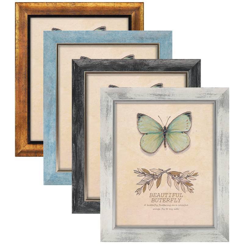 lot 33016 image: XUANLUO 8x10 Picture Frames Set of 4 Rustic Retro Photo Frame with HD Plastic Cover for Wall Mount and Tabletop Display Family Friends Wedding Gift - Retail $15