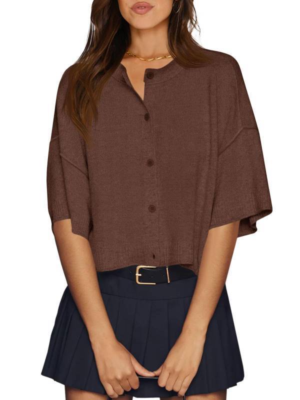 lot 33044 image: Cicy Bell Womens Half Sleeve Cardigan Sweaters Cropped Button Down Tops Oversized Lightweight Ribbed Knit Summer Outfits Coffee - Retail $20