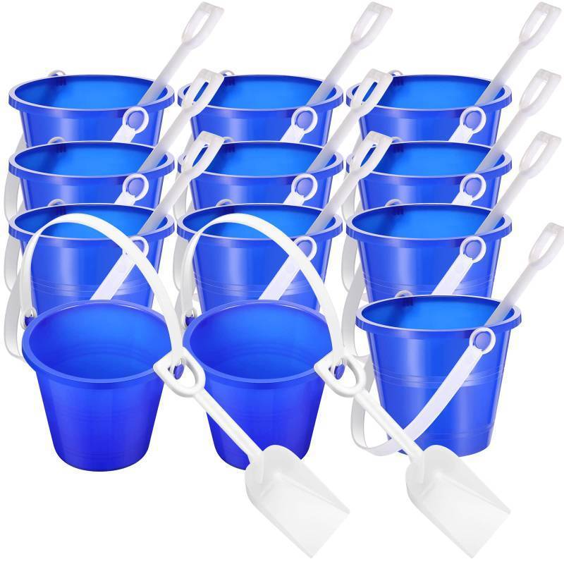lot 42434 image: Didaey 12 Pack 4 Inch Beach Buckets and Shovels for Kids Sand Pails Plastic Sand Buckets Bulk Small Toy Pails at the Beach, Use for Toddlers Little Guys(Blue) - Retail $19