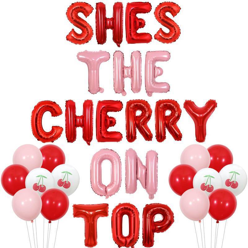 lot 33667 image: Wonmelody Cherry Birthday Decorations Shes The Cherry On Top Balloon Banner Cherry on Top Party Decor Cherry Pattern Balloons Fruit Themed Party Decor for Cherry Bachelorette Engagement Party - Retail $10