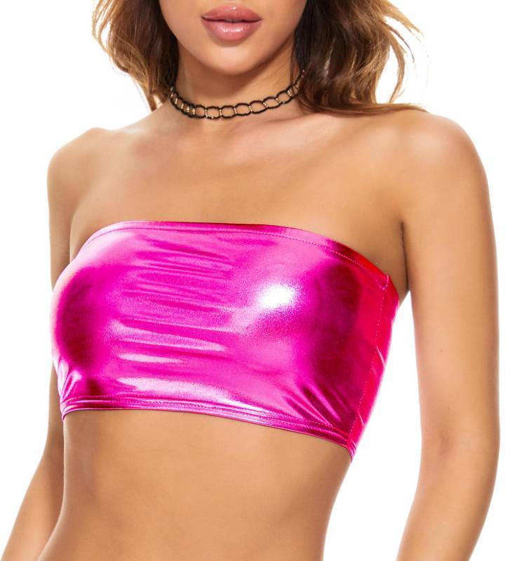lot 33676 image: Gatielzana Womens Metallic Crop Top Shiny Strapless Tube Bra for Dancing, Raves, Festivals, Costumes, Hotpink, S - Retail $15