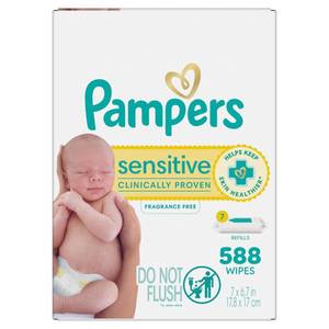 lot 23164 image: Pampers Sensitive Baby Wipes, Water Based Baby Wipes, Fragrance Free and Hypoallergenic, 504 Wipes Total (6X Refill Packs) Packaging May Vary - Retail $20