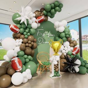 lot 23185 image: Football Balloon Arch kit, Brown White Sage Green Football Decorations, First Year Down Birthday Party Decorations, Football Themed Party Decorations - Retail $10