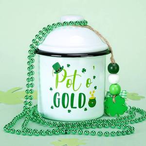 lot 23189 image: 4 Pcs St. Patricks Day Candy Enamel Canister, St Patricks Day Ceramic Jar with Beaded Strings, Saint Patricks Decoration Jar for Candy Holder Table Centerpiece Tiered Tray Decor - Retail $15