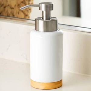 lot 23203 image: DAILY RITMO Foaming Soap Dispenser  White Ceramic-Like Resin with Bamboo Base and Stainless Steel Foam Pump - Retail $20