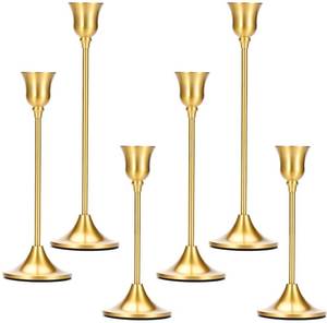 lot 23204 image: 2 Sets(6 Pcs) Candle Stick Holders Brass Gold Metal Taper Candle Holders, Vintage Modern Decorative Centerpiece Candlestick Holders for Table Mantel Wedding Housewarming Gift - Retail $10