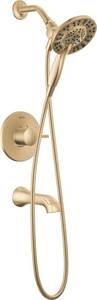 lot 24585 image: Delta Albion 14 Series Brushed Gold Bathtub Shower Faucet Set with In2ition 2-in-1 Dual Shower Head with Handheld Spray Combo, Valve Trim Kit, Champagne Bronze T144855-CZ-I (Valve Not Included) - Retail $226