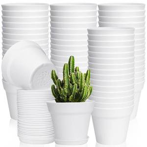 lot 24586 image: June Fox 60 Pack Small Plant Pots Indoor 4 Inch Plastic Planter with Drainage Holes and Saucers Premium Decorative White Plant Pot for Succulent, African Violets, Flowers, Plants - Retail $30