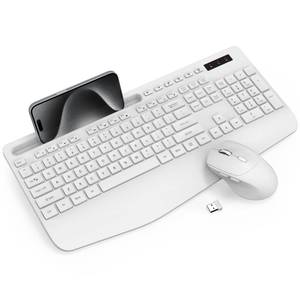 lot 24592 image: Wireless Keyboard and Mouse Combo - Full-Sized Ergonomic Keyboard with Wrist Rest, Phone Holder, Sleep Mode, Silent 2.4GHz Cordless Keyboard Mouse Set for PC, Laptop - Trueque (Pure White, 1 Pack) - Retail $35