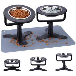 lot 24602 image: Elevated Cat Bowl with Silicone Food Mat, 3 Height Adjustable, 15° Tilted Cat Food Stand with Stainless Steel Bowl for Indoor Cats & Kittens (2Pack) Black - Retail $13