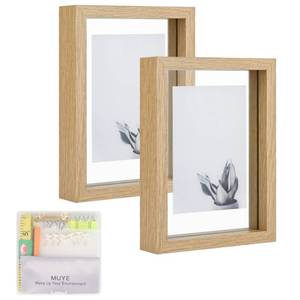 lot 24614 image: MUYE 5x7 Floating Frame Set of 2,Double Glass Rustic Photo Frame for Wall Hanging or Tabletop Standing,Also Display 4x6 or 3x5 Photo for Floating Effect,Natural - Retail $17