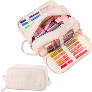 lot 30628 image: Nuozme 3 Compartment Pencil Case, Extra Large Capacity School Supplies Pencil bag with Easy Handle, Soft Corduroy Pencil Pouch, Aesthetic Supply Pen Case Bag Organizer For Teen Girls College (Beige) - Retail $10