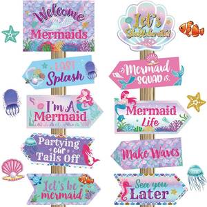 lot 30669 image: Chinco 20 Pieces Mermaid Birthday Party Decorations Ocean Party Sign Mermaid Themed Birthday Decorations Welcome Sign for Home Decor Photo Booth Props - Retail $7
