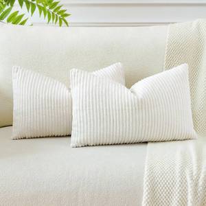 lot 31161 image: OTOSTAR Boho Decorative Throw Pillow Cover 16 x 24 Inch Soft Corduroy Solid Striped Pillow Cover Lumbar Cushion Case Couch Pillowcases for Sofa Bed Home Decor 1 pk (Beige White) - Retail $13