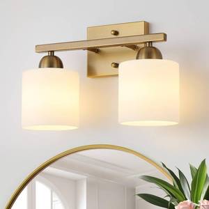 lot 32444 image: Mecgirn Milk Glass Vanity Lights for Bathroom, 2 Light Antique Matte Brass Bathroom Vanity Light Fixtures Over Mirror, Ceramic E26 Sockets Wall Mounted - Retail $72