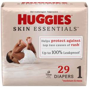 lot 32445 image: Huggies Size 1 Diapers, Skin Essentials Baby Diapers, Size 1 (8-14 lbs), 29 Count, Packaging May Vary - Retail $12