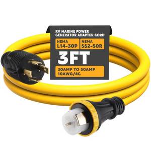 lot 32462 image: Tellegloww 3FT NEMA L14-30P to SS2-50R RV Marine Power Generator Adapter Cord, 30A 4 Prong Locking Generator L14-30P Male to 50A Marine Shore Power SS2-50R Female with Locking Ring 125V250V - Retail $30