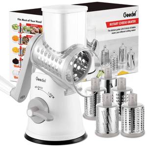 lot 32471 image: Geedel Rotary Cheese Grater Cheese Shredder - Upgraded 5-in-1 Cheese Grater with Handle and Strong Suction Base, Multi-purpose Vegetable Slicer Ice Shaver Nuts Grinder for Ice, Vegetables, Fruit, Nuts - Retail $38