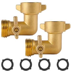 lot 42633 image: AuySier 2 Pack Brass 90 Degree Hose Elbow for RV, Garden Hose Elbow Connector with Shut Off Valves, 34 Garden Hose Attachment Water Hose Adapter and Fittings Hose Bib Extender - Retail $10