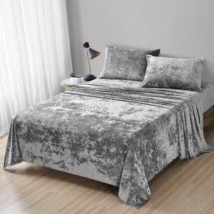lot 62101 image: Fredsure Distressed Velvet Sheet Set, 4 Pieces Grey King, Ultra Soft, Warm - Retail $59