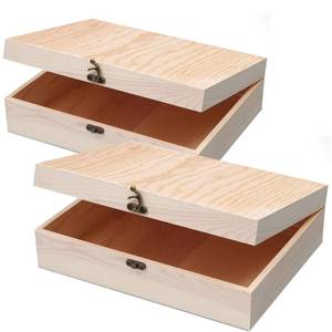 lot 62102 image: VIKOS Products (2-Pack Unfinished Wooden Box with Hinged Lid for Crafts DIY Storage Jewelry Pine Box - 12 x 9 x 3.35 - Retail $30