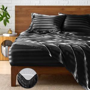 lot 24626 image: BEDELITE Satin Sheets Queen Size, Luxury Jacquard Striped Black Bedsheets Set with Elastic Corner Straps, Similar to Silk Sheets Set 4 PC with 1 Deep Pocket Fitted Sheet, 1 Flat Sheet, & 2 Pillowcases - Retail $28