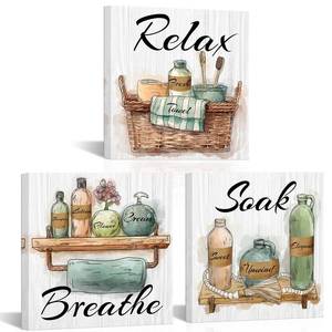 lot 24628 image: LoveHouse Green Bathroom Pictures Relax Breathe Soak Sign Decor for Bathroom Sage Green Canvas Painting Prints - Retail $35
