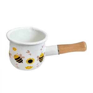 lot 24644 image: FYUEROPA Enamel Milk Pot, Butter Warmer Non-stick Mini Saucepan, 4 Inch 17 Oz Small Cookware with Wooden Handle, Orange Pattern (Bee Pattern)