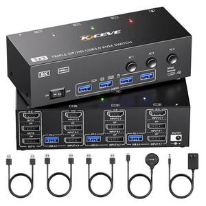 lot 24651 image: KVM Switch 3 Monitors 3 Computers 8K60Hz, ANGEET HDMI Displayport Triple Monitor KVM Switch,3 Monitor KVM with 4 USB 3.0 Ports for Keyboard Mouse Printer, Wired Remote and Power Adapter Included - Retail $103
