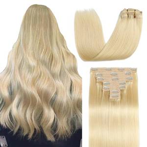 lot 24654 image: Sisily Clip in Hair Extensions Real Human Hair, 16 inch 120g, Bleach Blonde, 100% Brazilian Remy Human Hair Clip in Extensions Soft Straight 7pcs Per Set with 16 Clips Double Weft - Retail $66