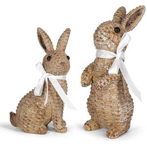 lot 24678 image: MicoSim Rattan Effect Resin Bunny Easter Decor,Table Rabbit Easter Decorations,Spring Bunnies Decoration Statue Figurine for Home Farmhouse (Brown, Small-Pair) - Retail $16