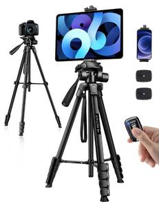 lot 24682 image: JOILCAN Phone Tripod Stand, 68 Tripod for iPad iPhone Tablet with Remote Universal Holder Carry Bag, Travel Aluminum Tripod for Video Recording Photos Vlogging Compatible with iPad Pro iPhone Camera - Retail $30