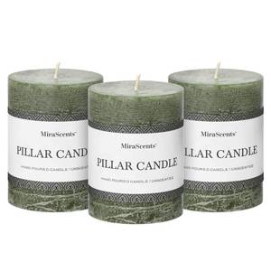 lot 24683 image: 3x4 Inch Moss Green Pillar Candles - Set of 3, Long Clean Burning, Smokeless Dripless Candles for Spring Home Decor, Dinner Table, Bathroom, Rustic Decor - Retail $23