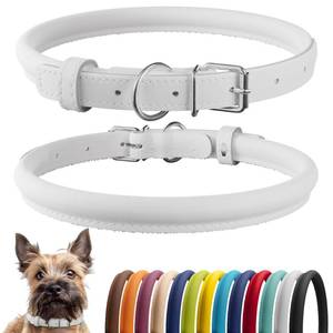 lot 28774 image: CollarDirect Rolled Leather Dog Collar, Soft Padded Round Puppy Collar, Handmade Genuine Leather Collar Dog Small Large Cat Collars 13 Colors (6-7 Inch, White Smooth) - Retail $10