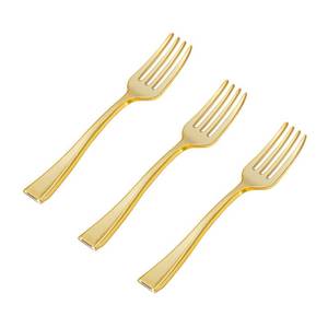 lot 32508 image: N9R 200PCS Gold Plastic Mini Forks, 4 Inches Heavy Duty Disposable Cocktail, Dessert & Appetizer Forks, Elegant Party Serving Utensils for Tastings, Finger Foods, Weddings, Events - Retail $16