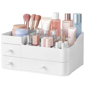 lot 32522 image: HBlife Makeup Organizer & Skincare Storage - Large Cosmetic Organizer with 3 Drawers, 8 Compartments Vanity Storage Box for Bathroom Counter, White