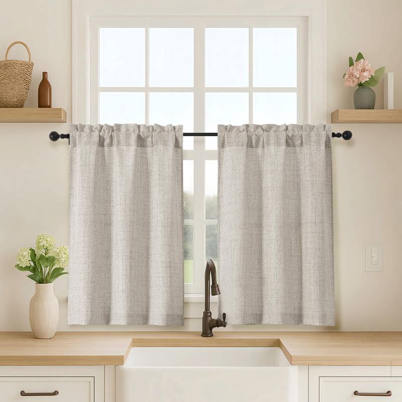 lot 23009 image: OVZME 2 Panels Kitchen Curtains 36 Inch Length, Faux Linen Textured Small Cafe Window Curtain Over Sink, Light Filtering Short Curtain Tiers for Bathroom Basement, 30x36 Inch, 2PCS, Linen Color - Retail $8