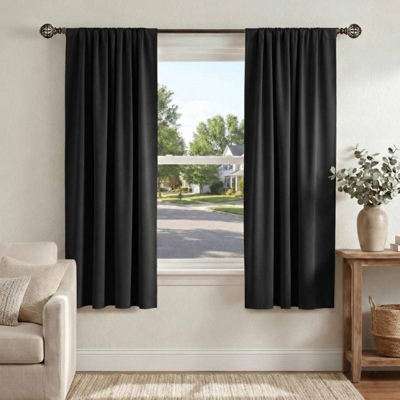 lot 23011 image: PONY DANCE Black Out Curtains 72 inch Long - Blackout Solid Rod Pocket Thermal Insulated Panels for Bedroom Living Room, Energy Efficient Window Drapes, 42-inch by 72-inch, Black, 2 Pieces - Retail $16